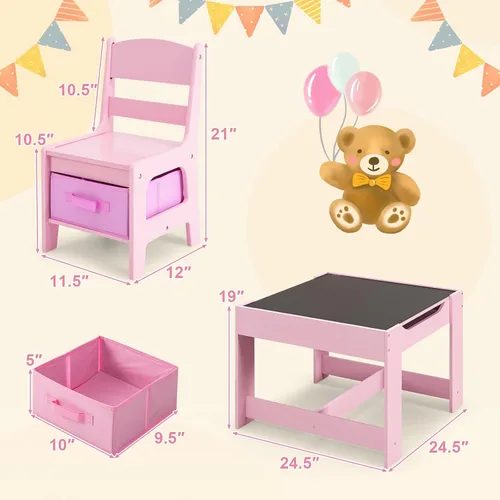 Miniatura 6 de KOTEK Juego de mesa y 2 sillas de madera para niños con pizarra y cajones de almacenamiento, mesa de actividades múltiples para niños para aprender
