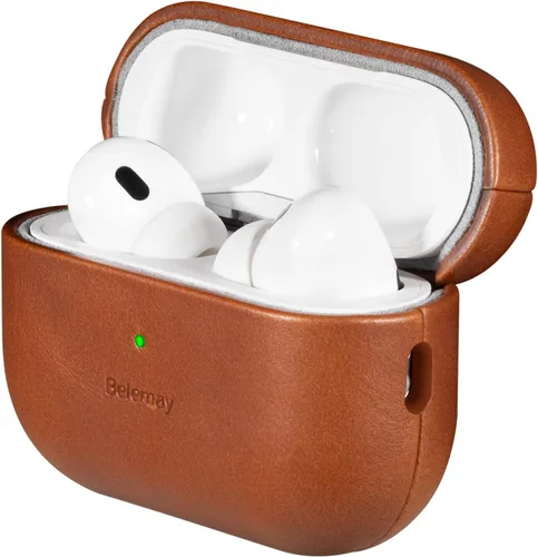 Belemay Funda para AirPods Pro de 2ª generación, compatible con MagSafe y carga inalámbrica, cuero liso de grano completo de lujo, pátina única,