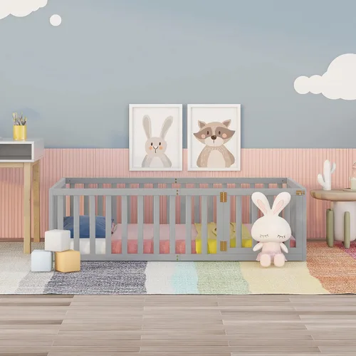 Miniatura 3 de Cama Montessori de suelo individual con puerta y valla para niños, marco de cama Montessori bajo de madera maciza con barandillas de seguridad