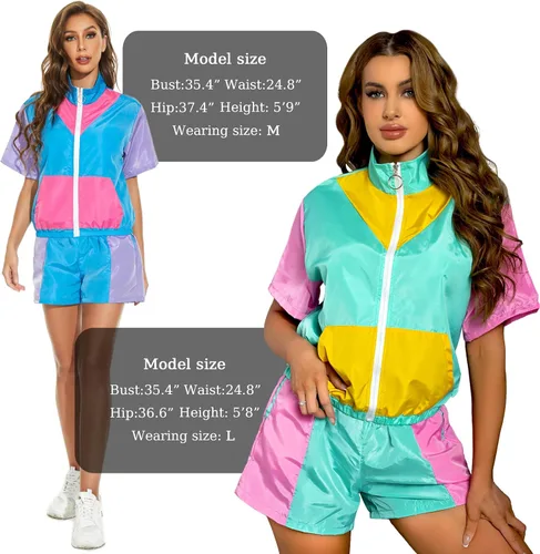 Miniatura 5 de Yisfri Conjunto de 2 piezas rompevientos con bloques de color para mujer, manga corta, cremallera frontal, cintura elástica