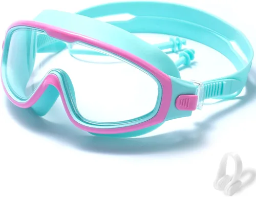 Gafas de natación para niños de 6 a 12 años, visión amplia, antivaho, protección UV, sin fugas, gafas de natación para niños y niñas Rosado/Verde