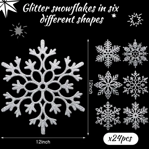 Miniatura 2 de Sratte Paquete de 24 adornos de copos de nieve grandes con purpurina de 12 pulgadas, decoración gigante de plástico para colgar en invierno, Plata