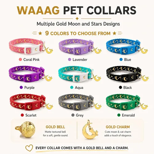 Miniatura 6 de waaag - Collar de seguridad para gato, con diseño de lunas y estrellas doradas, brilla en la oscuridad