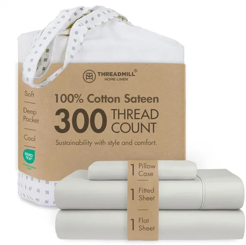 Miniatura 23 de Threadmill Sábanas 100% Algodón para Cama Tamaño King Juego de Sábanas de 4 Piezas para Cama King Suave, Transpirable y Ligero Satén de Damasco