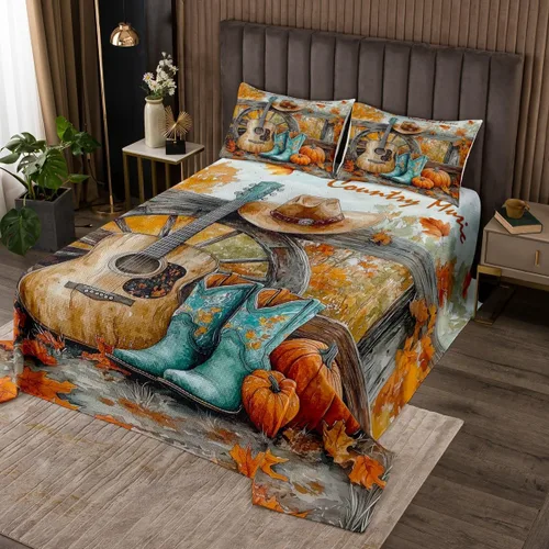 Miniatura 14 de Castle Fairy Cowboy Boots Bedspread Twin Size Bohemia Musical Guitar Coverlet Set Boys Bedroom Present Western Rustic Cowgirl Decor Bedding Set