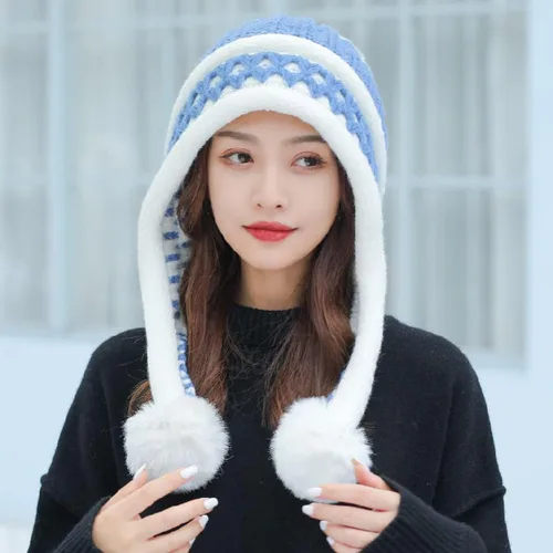 Miniatura 4 de HUAMULAN Gorro de invierno para mujer, con orejeras, con solapas, sherpa, esquí, nieve, forro polar, 3 pompones