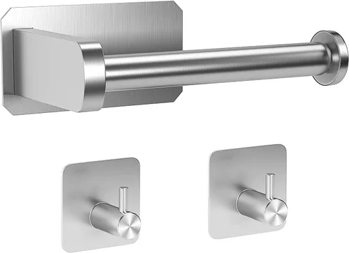 Anfly Soporte de papel higiénico para caravana, soporte de papel higiénico adhesivo de níquel cepillado con 2 ganchos para colgar para cámper, baño,