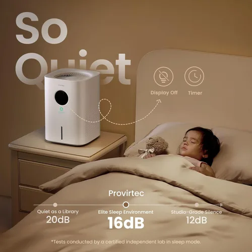 Miniatura 6 de Provirtec Humidificador evaporativo Pro Baby para dormitorio, sin niebla y sin polvo blanco, sin BPA y 16 dB, sueño silencioso para niños, 3 modos