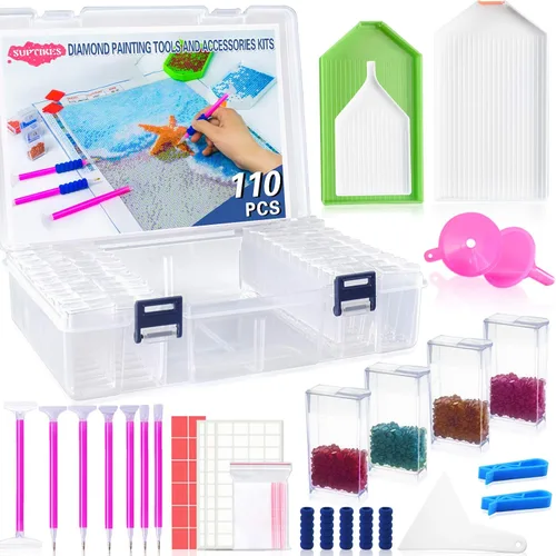 Suptikes 110 herramientas y accesorios de pintura de diamante con 44 ranuras para pintura de diamante para adultos o niños, se aplica a pintura de