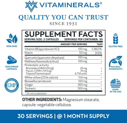 Miniatura 4 de Vitaminerals® 121+ Inflamax® Plus Manejo saludable de la inflamación Quercetina Enzimas proteolíticas Jengibre Cúrcuma Tapas vegetales