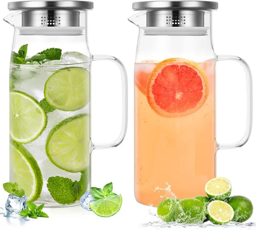 Miniatura 11 de 2 jarras de vidrio con tapa y boquilla, jarra de vidrio para agua caliente/fría con asa, jarras de té helado, jarras de bebidas para refrigerador