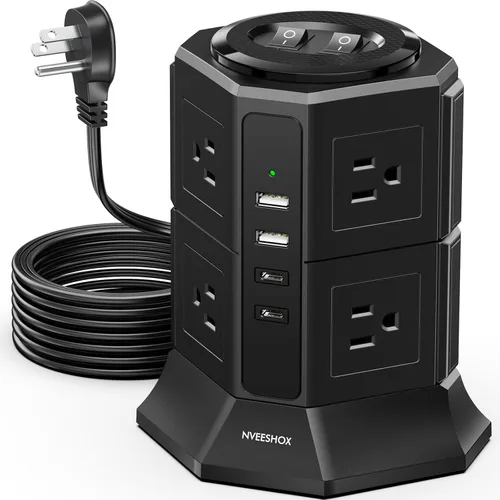 Miniatura 10 de Regleta de Protección contra Sobretensiones Torre Enchufe Plano con 12 Tomas de CA 3 Puertos USB (2 Tipo C), Cable de Extensión Ultra Plano de 6.5