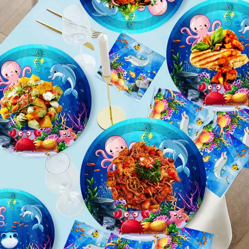 Miniatura 6 de 40 piezas de suministros para fiesta de cumpleaños bajo el mar, platos de papel para fiesta de vida marina oceánica, platos de postre de animales