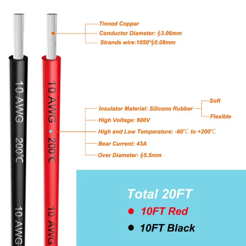 Miniatura 2 de Cable eléctrico Haerkn calibre 10 AWG, cable de silicona calibre 10 de 20 pies [10 pies negro y 10 pies rojo], cables de conexión, suave y flexible