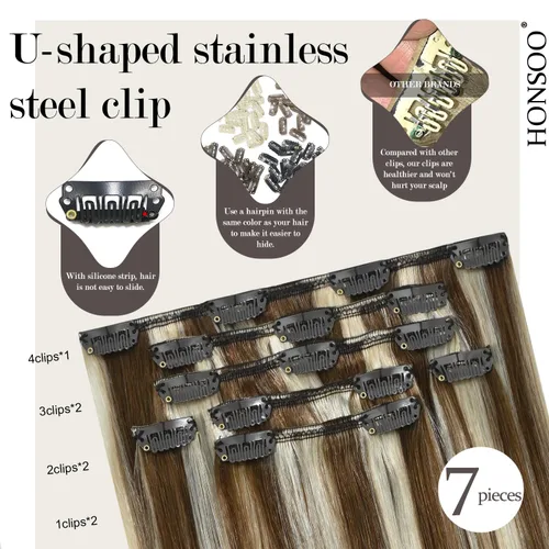 Miniatura 5 de Honsoo Extensiones de cabello Remy con pinzas, color marrón claro a rubio, balayage, 2.47 onzas, 12 pulgadas, 7 unidades, extensiones de cabello real