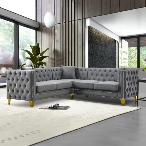 Miniatura 16 de Sofá de terciopelo de 3 plazas, cómodos sofás para sala de estar, sofá moderno con respaldo copetudo y decoración de remaches, sofá largo tapizado