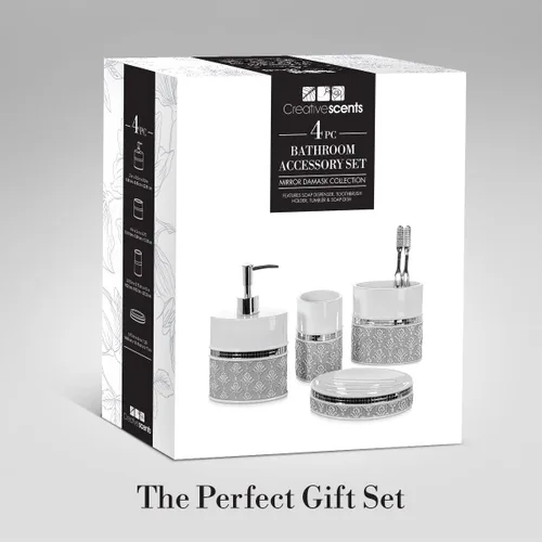Miniatura 6 de Creative Scents Juego completo de accesorios de baño de damasco de espejo, juego de baño decorativo de 4 piezas blanco y gris incluye: dispensador