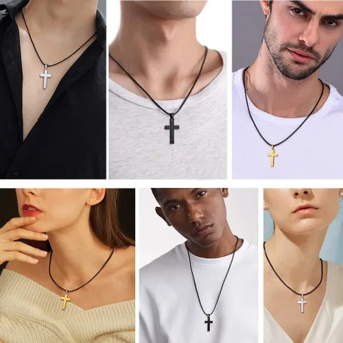 Miniatura 3 de Stainless Steel Pendant Necklace for Men Women Cool Punk Shark Teeth Necklace Cross Necklace Star of David Necklace Black Leather Cord Come Gift Box