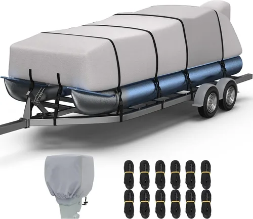 Miniatura 13 de RVMasking Cubierta para barco pontón con cubierta para motor, 1400D resistente reforzada en el medio, cubierta impermeable para barco de grado