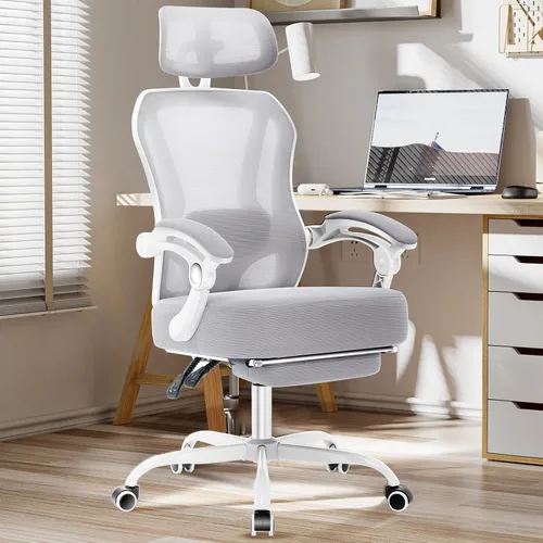 Silla de oficina ergonómica con reposapiés, silla de escritorio reclinable ultra gruesa con soporte lumbar ajustable 2D y reposacabezas, cojín de