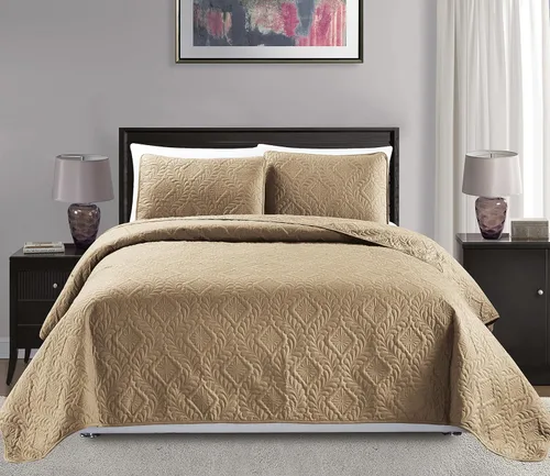 Mk Collection King/California King Tamaño Extra Grande 118"x106" Colcha Cubrecama de 3 Piezas con Diseño de Diamantes Repujado Sólido Color Taupe