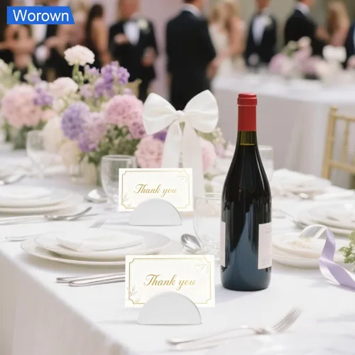 Miniatura 6 de Worown Paquete de 24 soportes de madera blanca para números de mesa, soportes semicirculares para decoración de bodas, fiestas, restaurantes Blanco