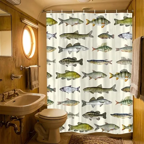 Miniatura 2 de Sanzugh Cortina de ducha rústica para cabaña de pesca, caravana, remolque, baño, campo, lago, camping, juego de cortinas de ducha pequeñas y cortas