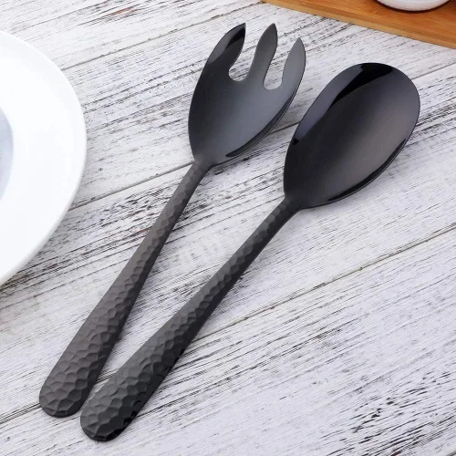 Miniatura 8 de Juego de cuchara y tenedor de ensalada, 12 pulgadas, acero inoxidable, utensilios de servir negros, aptos para lavavajillas, paquete de 2
