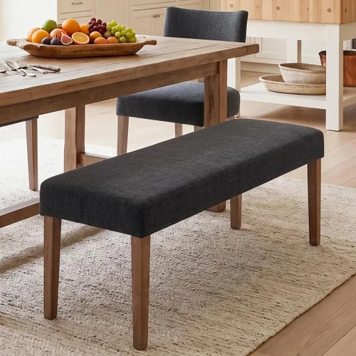 Miniatura 9 de HNY Asiento de banco de comedor tapizado de granja, banco de entrada de lino de 45 pulgadas con patas de madera negra, banco moderno de mediados