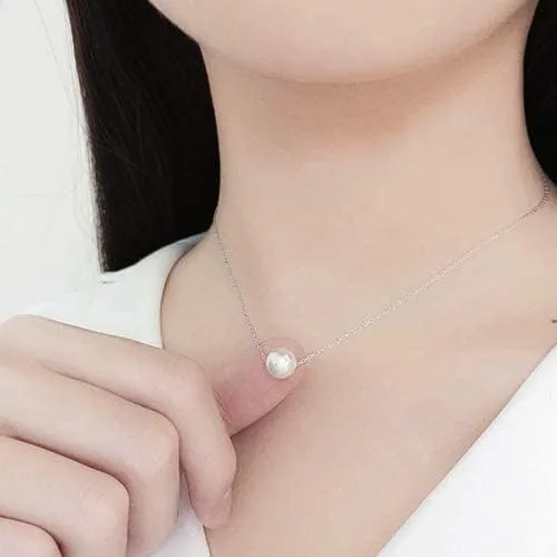 Miniatura 6 de Gargantilla flotante de plata de ley 925 con perlas de concha de 0.315in, collar de dama de honor para mujer, color blanco (CYX0009), Perla, Perla