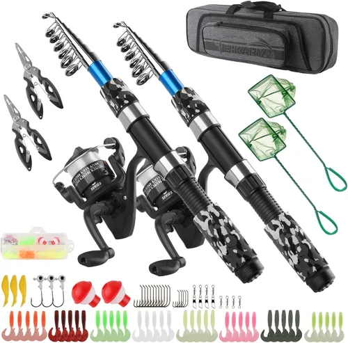 Combos de caña de pescar y carrete, kit de caña de pescar plegable, 2 piezas de caña telescópica + 2 piezas de carretes giratorios + anzuelos + 2PCS