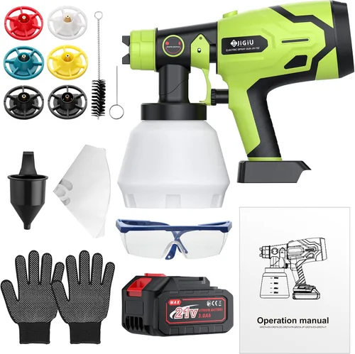 Miniatura 7 de Pistola pulverizadora de pintura inalámbrica HVLP con batería de 21 V, pistola de pintura eléctrica de 300 W, tanque de 33.8 fl oz, 6 boquillas y 3