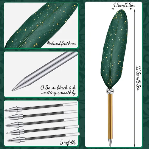 Miniatura 2 de Bolígrafo de plumas y soporte de bolígrafo de metal vintage, tinta negra, pluma de plumas vintage con 5 piezas de repuesto para boda, firma