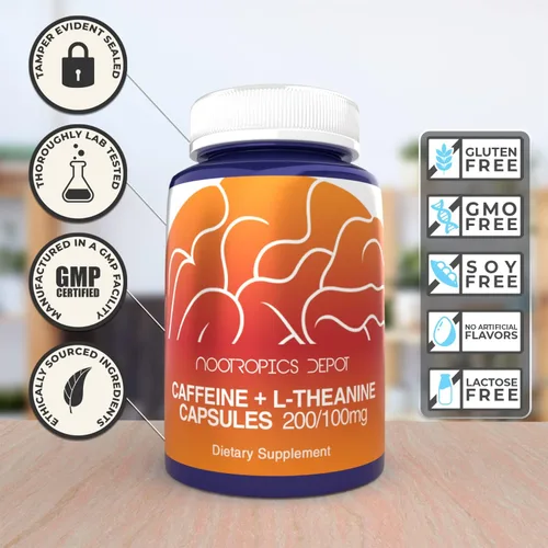 Miniatura 8 de Nootropics Depot Cápsulas de cafeína y L-teanina 60 unidades Contiene 200 mg de cafeína y 100 mg de L-teanina Suplemento natural Potenciador