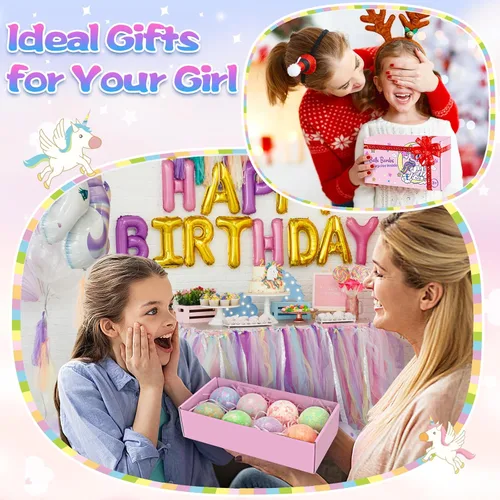 Miniatura 7 de Bombas de baño de unicornio para niños y niñas con sorpresa en el interior, 8 piezas de bombas de baño de burbujas naturales de princesa