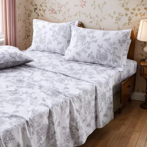 Miniatura 16 de FADFAY Juego de sábanas bajeras de tamaño individual color gris con estampado floral blanco con bolsillo profundo, súper suaves, de fácil cuidado