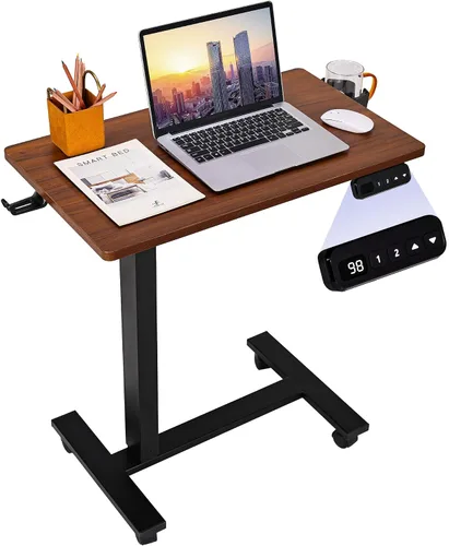 Miniatura 8 de Mesa eléctrica para colocar sobre la cama con ruedas, altura ajustable, mesa auxiliar reclinable, en forma de C, pequeño escritorio para computadora