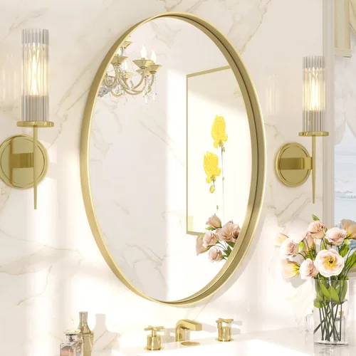 Miniatura 30 de TETOTE Espejo de marco dorado cepillado de 16 x 24 pulgadas, espejo de tocador de baño de latón dorado para pared, espejo enmarcado rectangular