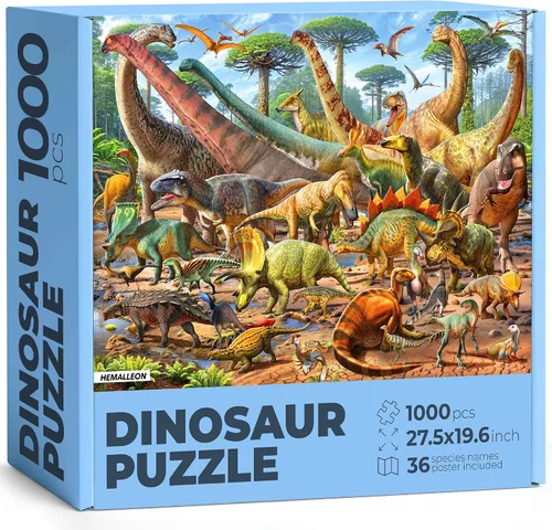Escena de dinosaurio - Rompecabezas para adultos de 1000 piezas - Ilustración dibujada a mano - Póster 1:1 con nombres y marcas de dinosaurios