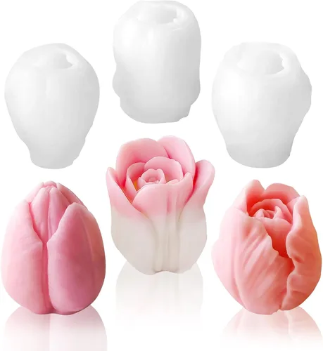 3 moldes de silicona de flores de tulipán 3D de resina floral para velas de jabón, molde de flores de fondant de chocolate para decoración de velas