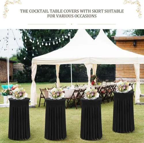 Miniatura 6 de BDDC Fundas para mesa de cóctel, paquete de 2 manteles de 24 x 43 pulgadas, color negro, con falda redonda ondulada natural para bar, boda, fiesta