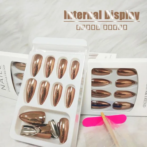 Miniatura 4 de Uñas postizas a presión cromadas de bronce y almendra mediana, uñas postizas de aguja con diseño brillante, uñas postizas acrílicas de metal