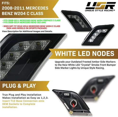 Miniatura 4 de USR DEPO 08-11 W204 Clase C Lente Blanco LED Luz de Marcador Lateral del Parachoques Conjunto (Izquierda + Derecha) Compatible para 2008-2011 Lente