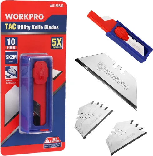WORKPRO - Cuchillas de cuchillo utilitario premium, SK2M con revestimiento de diamante TAC, paquete de 10 cuchillas de repuesto con dispensador