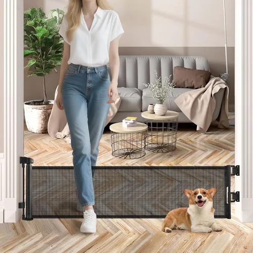 Puerta corta para perro, puertas retráctiles para perros de 14 pulgadas de alto, puerta retráctil de malla para mascotas, extendida hasta 55