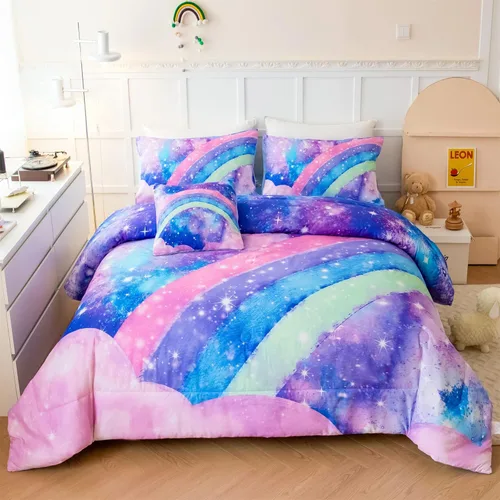 ANGIYUIN Juego de Edredón Tie Dye Arcoíris Azul Tamaño Queen 6 Piezas Degradado con Purpurina Cama en una Bolsa para Niñas Juego de Ropa de Cama Tie