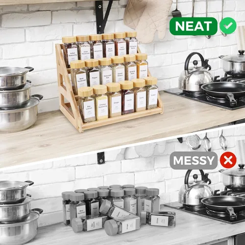 Miniatura 4 de Estante de Especias - Estantes de Bambú de 3 Niveles, Estante de Especias Resuelve el Desorden de Especias en Cocinas, Gabinetes, Despensas y Más