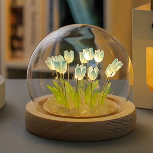 Miniatura 2 de Luz nocturna de tulipanes de bola de cristal, lámpara de noche de flores de bola de vidrio con base de madera, regalos de tulipanes para mujeres