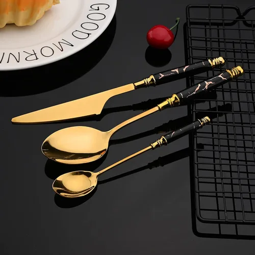 Miniatura 6 de JASHII Juego de cubiertos con mango de plástico texturizado de mármol para 4, cubiertos de acero inoxidable, 20 piezas, incluye tenedor de cuchara
