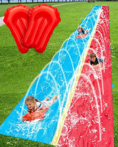 Spring Water Tobogán acuático de 40 pies para patio trasero de niños, tobogán acuático extra largo de 2 carriles con rociador, toboganes acuáticos